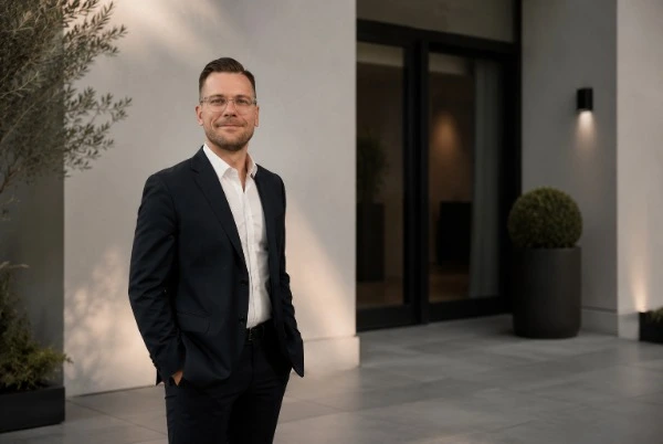 Dr. Robert Grünwald vor moderner Architektur im sanften Licht