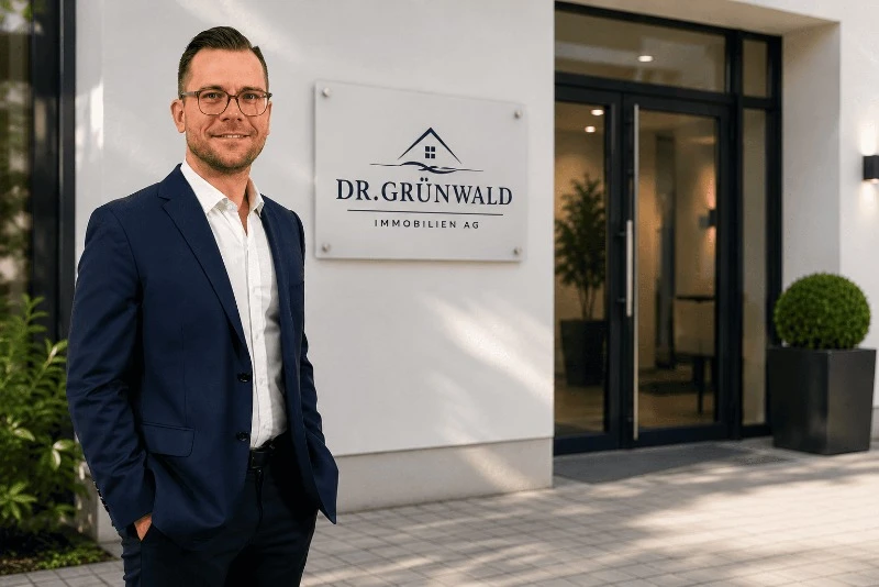 Dr. Robert Grünwald vor einem Bürogebäude mit dem Logo der Dr. Grünwald Immobilien AG