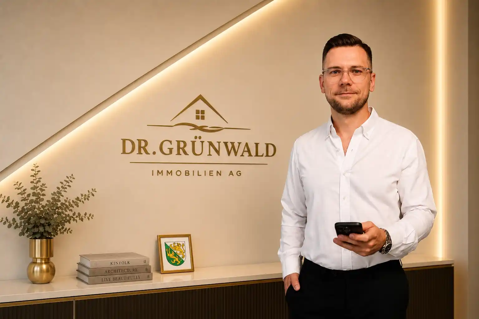 Professionelles Branding in elegantem Büro mit Porträt Dr. Robert Grünwald