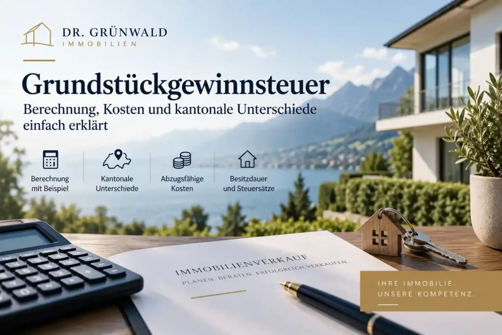 Grundstückgewinnsteuer in der Schweiz mit Rechner, Immobilie und Verkaufsunterlagen