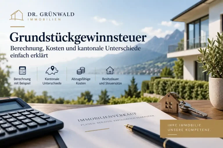 Grundstückgewinnsteuer in der Schweiz mit Rechner, Immobilie und Verkaufsunterlagen